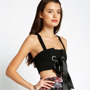Sans Souci Black Satin Tie Front Grommet X-Back Crop Top